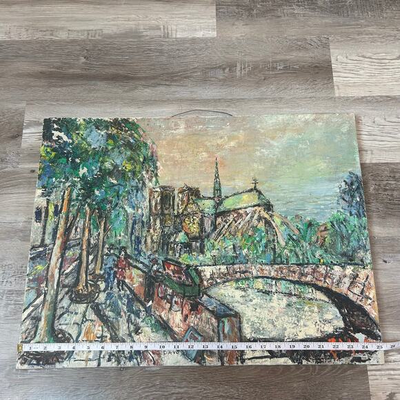 Vintage Oil Painting Signed J.D’Avo Paris Street Scene River Bridge 25x19 Canvas - Picture 10 of 11